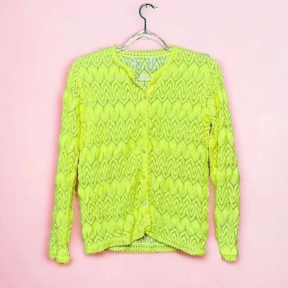 Miss Holly Sweaters - Vintage 1960s Miss Holly Neon Yellow Pointelle Lace Preppy Cottage Cardigan